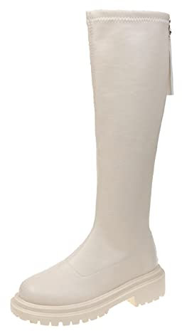 Stivali sopra il ginocchio, da donna, in pelle, da equitazione, da donna, con plateau, bianco, 38