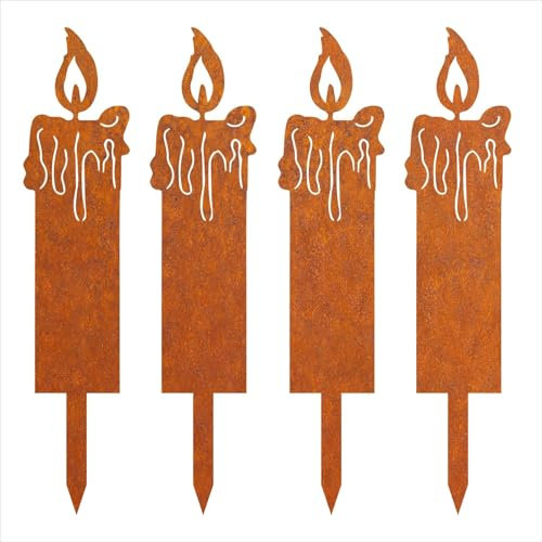 Roststecker Tannenbaum und Elch weihnachtsdeko, 4er Set Metall Rost Deko Weihnachtsbaum Gartenstecker, Herbstdeko Roststecker Weihnachtsdeko für Draußen (4er Set Kerze)