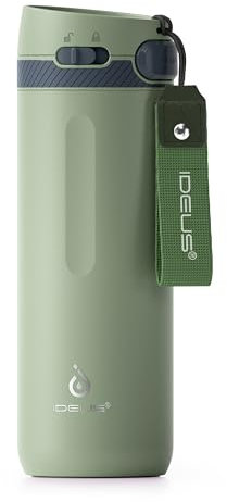 IDEUS Insulated Stainless Steel Water Bottle 17 oz Push Button Lid & Leakproof Travel Mug for Hot/Cold Beverages Fits Most Cup Holder, Green
