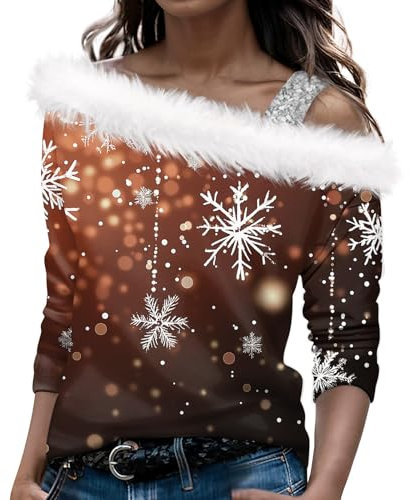 Weihnachtspullover Damen Mit Schulterriemen Xmas Plüsch Schulterfrei Langarm Pullover Off Shoulder Elegant Langarmshirt Herbstpullover Sweatshirt Christmas Winterpullover Sweatshirt(Light Brown,M)