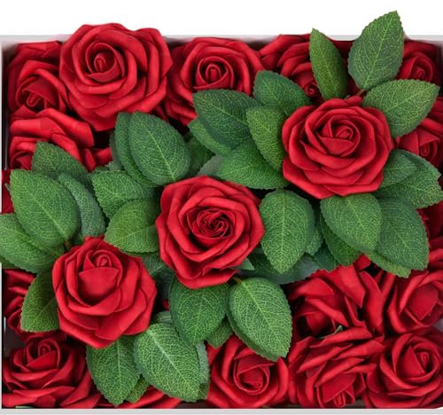 Petalscentusia Artificial Roses 25 pcs Fake Roses with Stems and 18 Leaves Foam Latex for Wedding Bouquets, Valentine's Day, Home Décor, and Party Decorations (Red Roses)