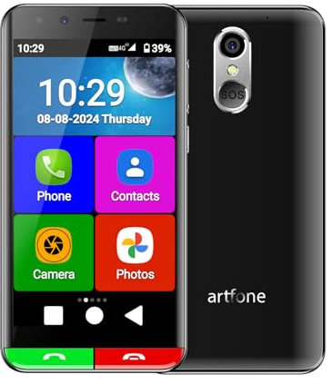 Telefono movil para Mayores,Smartphone Artfone Smart_500,Función SOS, Pantalla de 5 Pulgadas, Android 12, cámara de 13 MP, USB-C, batería de 2550 mAh, estación de Carga Negra, Iconos Grandes