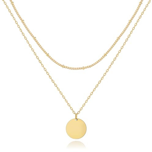 Kenivira 2Pcs Gold Kette für Damen,Layering 18k Gold Anhänger Halskette,Zierliche Stapelbare Halsketten Set,Verstellbare Gold Halskette Set,Schmuck Geschenke für Damen