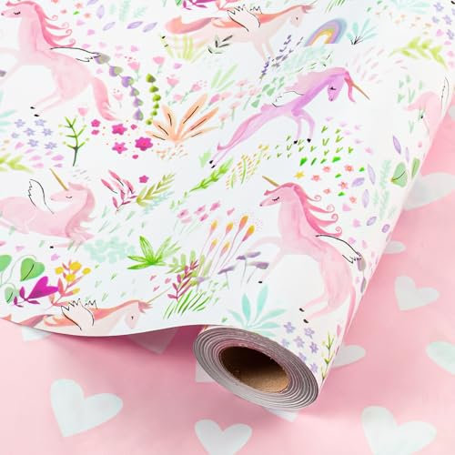 Wikadlik Rosa Einhorn Geschenkpapier, 43 cm x 10 m, romantische Herzen, wendbares Geschenkpapier für Geburtstag, Babyparty, Muttertag, Hochzeit, Valentinstag