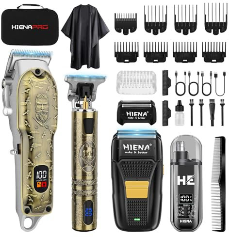 HIENA PRO Profi Haarschneidemaschinen für Herren, Schnurloser Haarschneider Bartschneider Folienrasierer Nasentrimmer Set, USB Wiederaufladbares Komplettset Elektrisches Haarschneide-Kit (303 Set)