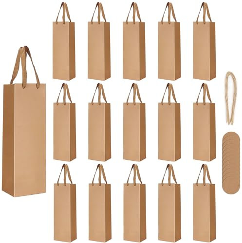 YOZAIUUI Wine Bottle Bags Gift: 15 Pack Single Wine Bottle Tote Kraft Paper Bags with Tags & Jute Rope for Birthdays Anniversaries Christmas Wedding Party Housewarming 35 x 11 x 9 cm
