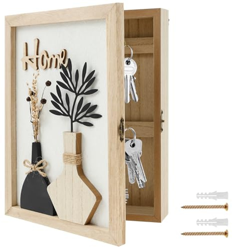 Wall Mounted Key Cabinet with 6 Hooks, Wooden Key Cabinet Decorative Hollow Design Box for Home Office Entryway Hallway Bedroom Living Room