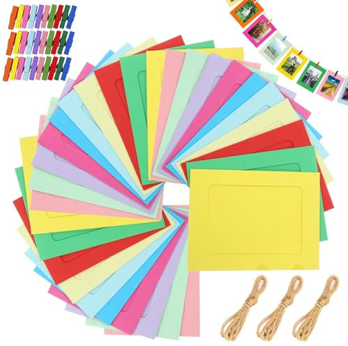 Papier Fotorahmen - 30 Stück Bilderrahmen Bunt 11,5 * 15,6 cm In 10 Farben mit 30 Stück Holzklammern und 3 Stück Hanfseil, 6 Zoll Karton Fotorahmen für Geburtstag Hochzeit Jubiläum DIY Party Wand