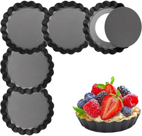 TRLREQ Tart Moulds Set, 6 Pieces, 10 cm Diameter, 2 cm Height, Quiche Tartlet Pan with Removable Base