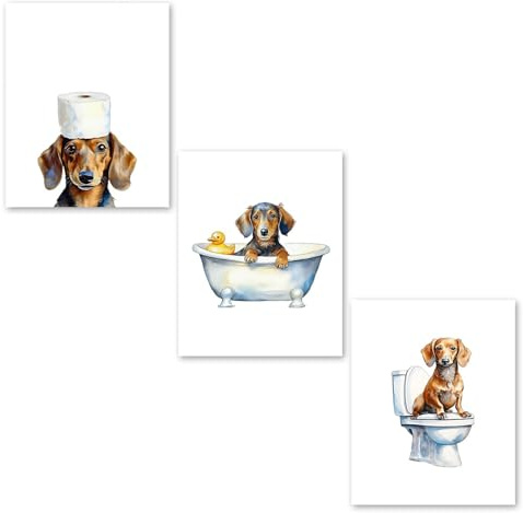 Yoljun 3er Set Bilder Badezimmer Lustige Dackel in der Badewanne, Badezimmer Deko 3x Tierposter ohne Rahmen für Hundeliebhaber, Modernes Wanddeko Set, Premium Papier Druck