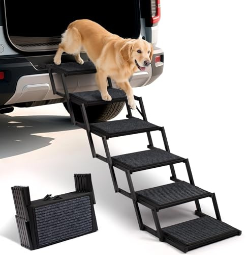 Escalier pour Chien 6 marches, Rampe Voiture pour Chiens Pliable, Charge 113 kg, Surface antidérapante, Aluminium léger, Large marchepied Portable pour Animaux de Compagnie, Voiture, SUV, Camion