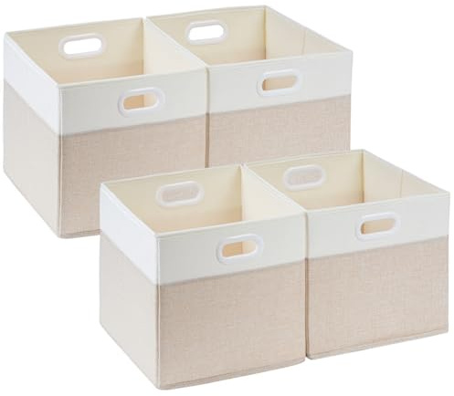 SOCOHOME Aufbewahrungsboxen Stoff,28x28x28cm Faltbare Korb aufbewahrung für Truhen Spielzeug Regal,Waschbar(Hellbeige/Weiß, 4 Pack)