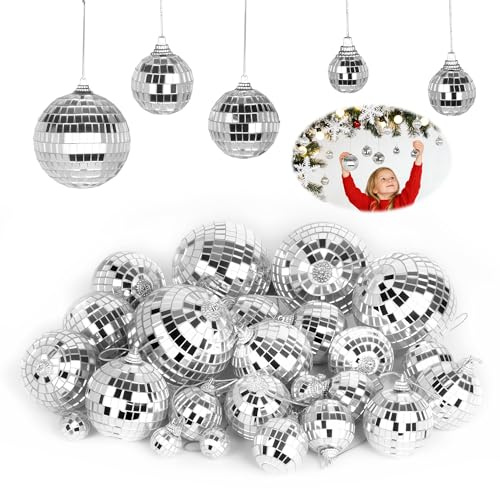 32 Stück Discokugeln Set, Disco Spiegel Ball, 5 Größen Gemischt Spiegelkugel Discokugeln Set, Glänzend Discokugel Klein 2.3cm 4cm 5cm 6cm 8cm, Deko Discokugel für Kuchendekoration, Party, Bar Usw