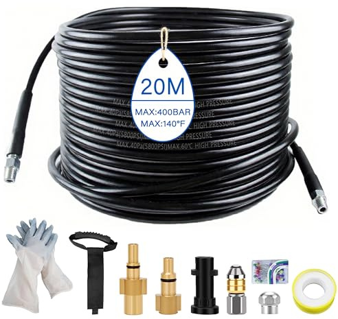 20M/65FT High Pressure Washer Drain Hose Kit 5800 PSI / 400 bar, Compatible with Karcher K2-K7 Series, Lavor & Bosch - Sewer Jetter with Jet & Rotating Nozzle for Drains, Patios, Driveways