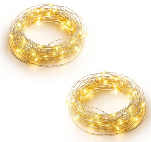 matches21 HOME & HOBBY Mini Draht Lichterketten 100 LED warmweiß - 2 Stück 5m transparente Batterie Micro Leuchten Timer-Funktion