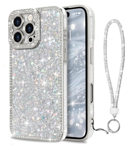 Lafunda for iPhone 16 Pro Case Glitter with Wrist Strap, Silver | Luxury Sparkly Shiny Diamonds Case for Women Girls, with Bling Strap Lanyard, Glossy TPU Bumper Shockproof Protective Cover