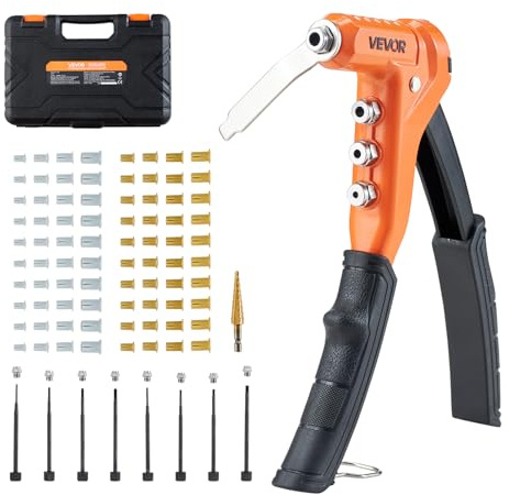 VEVOR Remachadora Manual de 23 cm, Kit Completo para Bricolaje Doméstico, con 8 Mandriles, 1 Broca Escalonada y 80 Tuercas, Medidas Métricas y SAE M3, M4, M5, M6, 6-32, 8-32, 10-24, 1/4-20 UNC