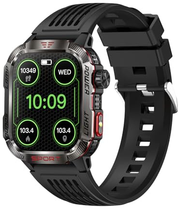 Denash HT29 Smart Outdoor-Sportuhr, 2,01-Zoll-HD-Bildschirm mit Taschenlampe, Kompass, IP68 Wasserdicht, 100 Sportmodi für Wandern, Laufen, Radfahren, Fitness (Black)