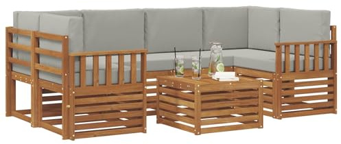 vidaXL Sofagarnituren 7 pcs Natürlich und Hellgrau Massivholz Akazie, Garten-Sofa-Eckgarnitur, strapazierfähiges Lounge-Möbel, modernes Patio-Set für chilliges Terrassenleben