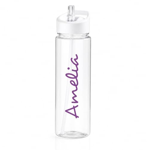 Just Giftz Personalised Clear Water Bottle 750ml, BPA-Free, Flip Straw | Transparent body with carry loop and flip-top straw lid, custom-printed name, ideal for kids, school, gym and travel.