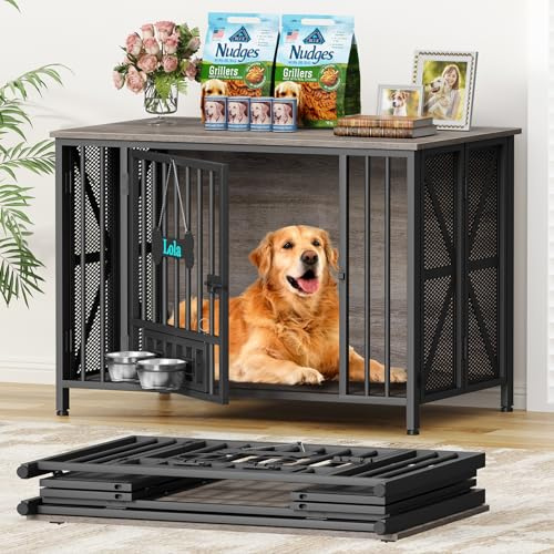 AMLANCHER Large Dog Crate Furniture Foldable for M/L/XL Dog, 105cm Assembly-Free Wooden Dog Kennel Indoor with Name Tag & Dog Bowls, Dog Crate Doubles as Side Table & TV Stand, 105x65x72cm, Oak Grey