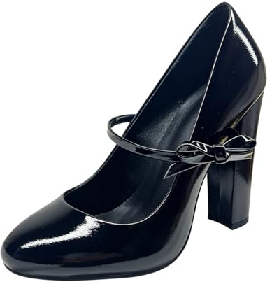 Generico Donna Tacco Grosso Alto Scarpe Mary Jane Punta Tonda Pelle Verniciata Décolleté da Vestito Scivolare su Scarpe da Ballo per Feste con Fiocco