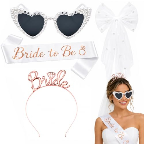 4 Stück Jga Accessoires Frauen mit Schleier, Tiara, Gläser, Bride Schärpe | Bride to Be Deko Jga Frauen,für Junggesellenabschied Frauen, Brautparty und Hochzeitsfotografie Fotorequisiten