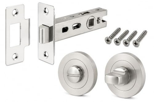 HouseFittingsUK Round Bathroom Thumb Turn & Release Lock Set with 64mm Tubular Mortice Bathroom Latch | Privacy Door Lock for Internal Bathroom WC Toilet Doors (Satin Nickel)