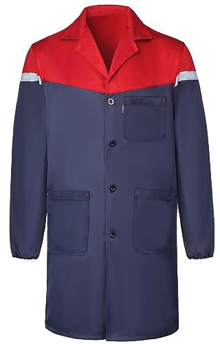 Yukirtiq Herren Arbeitsjacke Arbeitskittel Mechanisch Arbeitskleidung Warenhaus Berufsmantel Werkstatt Mantel Arbeitsmantel Lange Jacke, Navy Blau+Rot, L