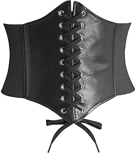 DTWAWA Black Corset Belts for Women, Wide Elastic Tied Leather Waspie Waist Belt for Girls Dresses, 27-30 Inches
