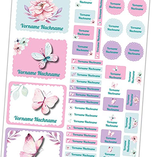 50 x Namensaufkleber mit Wunschname personalisiert Aufkleber Set mit Kinder Name Beschriftung Schule Kindergarten Kleidung Sticker wasserfest (15 Schmetterlinge)