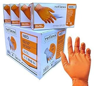 Reflexx N85, 500 Guanti in nitrile arancioni usa e getta Powergrip Senza polvere Senza lattice, struttura a diamante + 4 Guanti a Filo Continuo in 100% poliestere/poliuretano (M 500pz)