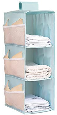 XiXiRan Hängeregal Kleiderschrank, 3 Fächer Hängender Organizer Schrank, mit 9 Netzseitentaschen für Familienschrank Schlafzimmer, Faltbar und Universal Fit- 30 * 22.5 * 60cm (Blau DREI Schichten)
