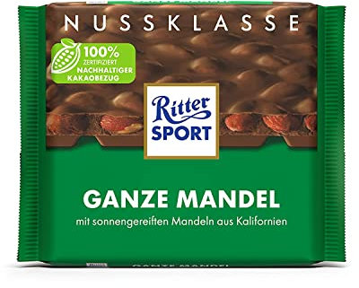 Ritter Sport Ganze Mandel 100 g, Vollmilchschokolade mit knackigen, ganzen Mandeln, Tafelschokolade handverlesen aus Kalifornien für deinen Genuss-Roadtrip