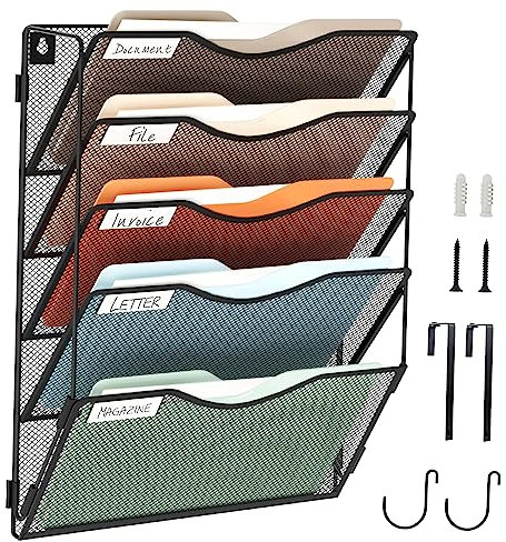 BOHDK Wandordner, 5 Taschen, Hängeregistratur-Organizer, faltbarer Netz-Aktenordner mit Beschriftungsfeld, 2 Haken, Wandhalterung und Türaufhängung für Büro und Zuhause
