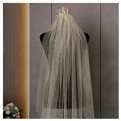 KOFSOL Ts Brautschleier, Langer, Luxuriöser Goldener Braut-Brautschleier, Kathedrale, Weißes Champagnerband, Pailletten-Brautschleier, Tüll (Color : Champagne, Item Length : 150cm)