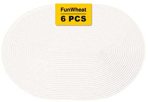 FunWheat Ovale, geflochtene Platzsets, Set mit 6 Tischsets für Esstische, gewebt, waschbar, rutschfest, glänzend, 30,5 x 45,7 cm, Tischmatten für den Innen- und Außenbereich (oval, Weiß, 6 Stück)
