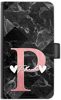 Personalised Initials Phone Case Low Pink Initial 2 Heart White Name on Black Marble Tile Effect PU Leather Flip Wallet Phone Cover for Apple iPhones, 16, 15, 14,13, 12, 11, Pro Max, Mini, XR, XS, SE