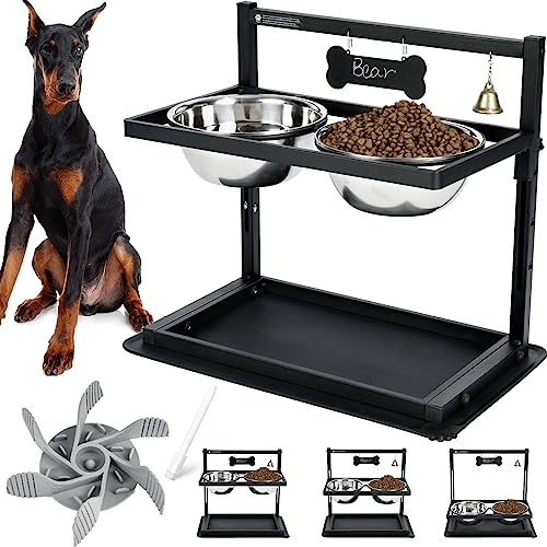 SHAINFUN Elevated Dog Bowls - Slow Feeder, Raised Stand with Two 1700ML Stainless Steel Bowls, Spill Proof Mat for Large & Medium Dogs