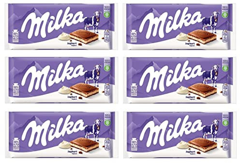 6x Milka Yoghurt Alpenmilch Schokolade gefüllt mit Magermilchjoghurt-Crème 100g Schokoladenriegel