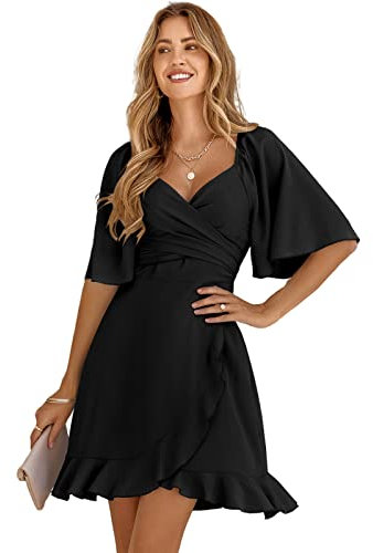 HEYPORK Damen Frühling Sommer Rock Bequem Lässig Kleider Mode Elegant Röcke Frauen V-Ausschnitt Einfarbig Taille Verkleinernde Rüsche Kleid(Schwarz, S)