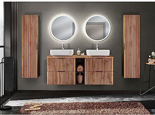 Lomadox Badezimmer Komplett Set 2 Hochschränke Doppelwaschtisch mit Regal 141 cm Keramik Aufsatzwaschbecken Spiegel Beleuchtung anthrazit Eiche Nb. Front Rillen schwarz