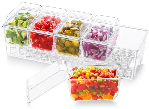 Lifewit abnehmbare Ice Zutatenbehälter mit Deckel, 40,7 x 10,2 x 17,5 cm Frischebehälter, Ice Eiswürfel hinzufügbar, 5 Fächer Behälter zum Garnieren, Serving Bar für Obst/Snacks/Cocktail Zutaten