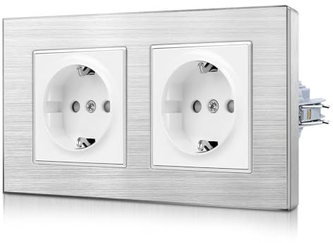 CNBINGO Aluminium Doppelsteckdose mit Spannkrallen - Zweifach Schuko Steckdose Unterputz - Schutzkontakt Einbau Wandsteckdose mit Rahmen aus Aluminium- 2 Fach - Silber