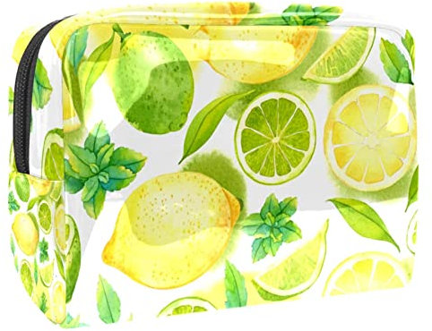 Beauty case da donna, con motivo a limoni, con frutta gialla e limone, borsa da viaggio grande in PVC per trucchi, pratica borsa organizer con cerniera, Multi, 18.5x7.5x13cm/7.3x3x5.1in, Beauty case