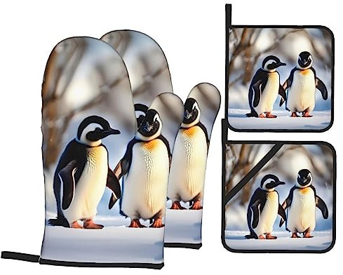 Ofenhandschuhe und Topflappen, Motiv: Junge Pinguine mit Schnee-Druck, rutschfeste Topflappen für die Küche, dicke Topflappen zum Backen und Grillen