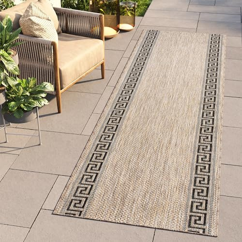 TAPISO Melissa Teppich Läufer Flur Outdoor Indoor Braun Schwarz Griechisch Mäander UV-beständig Wetterfest Terrasse Wohnzimme ÖKO-TEX 100 x 260 cm