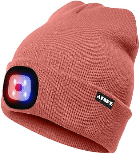 ATNKE LED Beleuchtete Mütze,Wiederaufladbare USB 4 LED Rot und Blau Leuchten Blinkender Laufmütze mit Licht Extrem Heller Lampe Winter Warme für Herren und Damen Geschenke/Bean Paste Powder