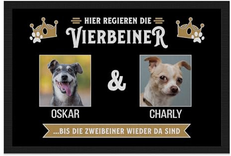 PfotenSchild personalisierte Fußmatte für Hunde und Katzen selbst gestalten - Hier regieren die Vierbeiner... - mit Fotos & Namen - Zwei Tiere, mehrere Personen - 60x40cm