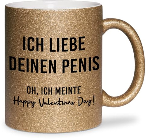 glitzertassen.de® | Ich liebe deinen Penis (Valentinstag) | Tasse mit Glitzer | Geschenkidee | Lustige Sprüche | Valentinstag | Kaffeebecher | Keramik | 330 ml | Dunkelgold